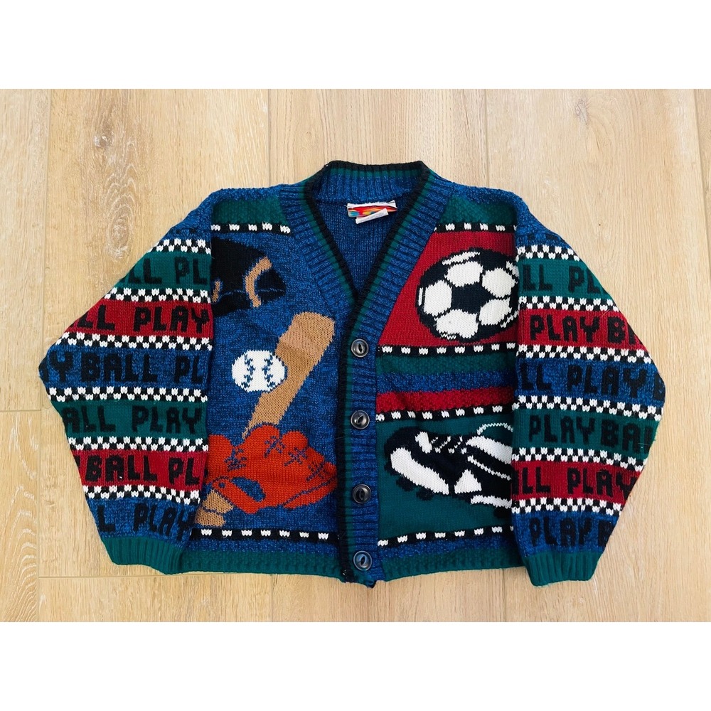 Vintage 90's Hot Cashews‎ Baseball Theme Youth Long Sleeve Button Up Sweater